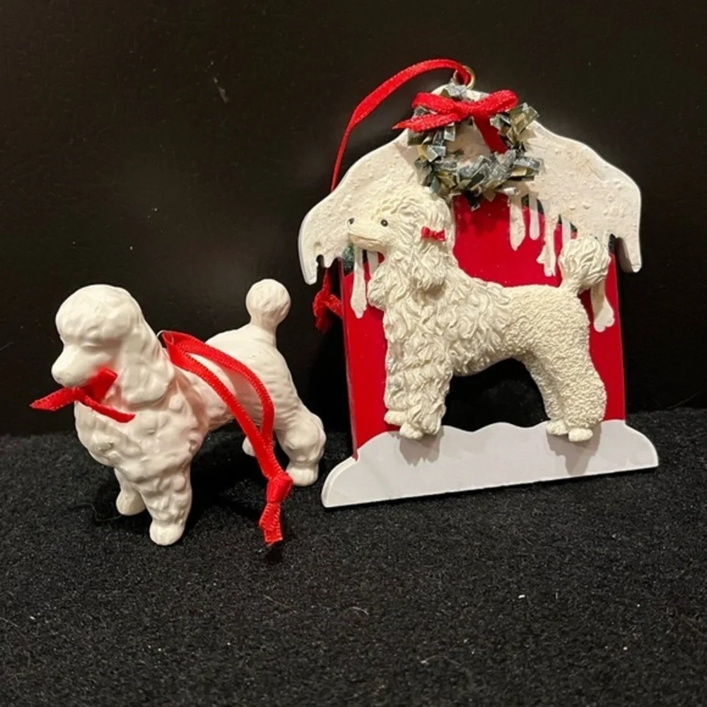Vintage Holiday Poodle Ornament Set - Red and White